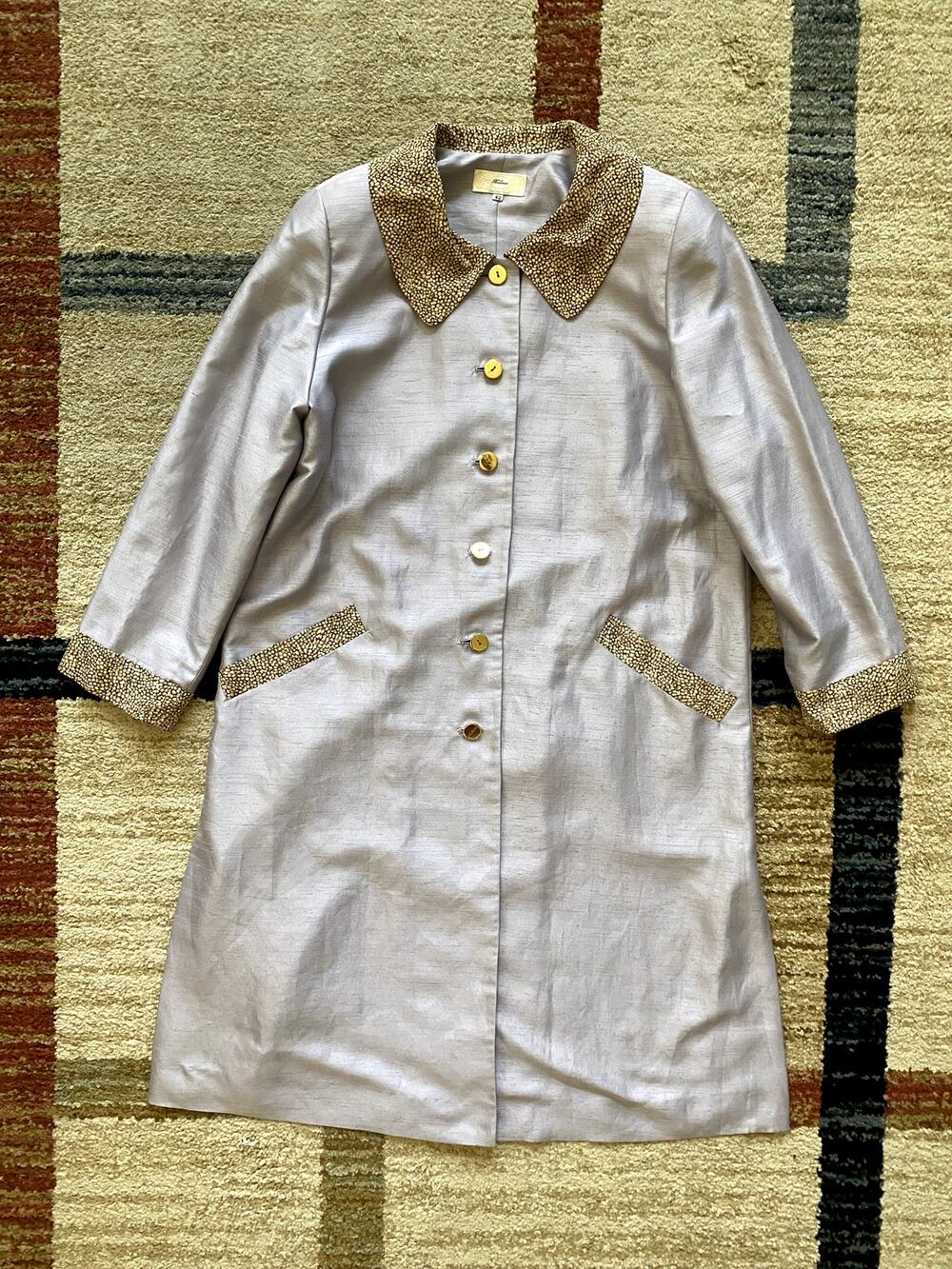 Borbonese Cheetah Print Purple Vintage Long Spring Coat Gold Button Up